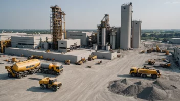 En HeidelbergCement-fabrikk med lastebiler og utstyr.