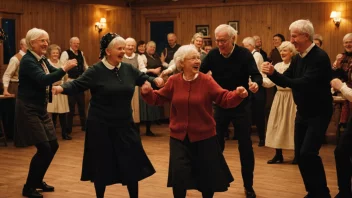 En gruppe eldre mennesker danser en tradisjonell norsk dans.