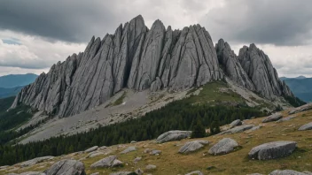 En stor granittformasjon i et fjellandskap med trær og en blå himmel