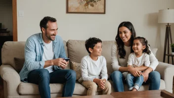 En arbeiderklassefamilie sitter sammen i hjemmet sitt, smiler men med en antydning av bekymring i ansiktene.