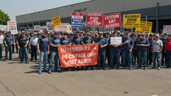 En gruppe metallarbeidere som protesterer utenfor en fabrikk med skilt og bannere, og krever bedre arbeidsforhold og høyere lønn.