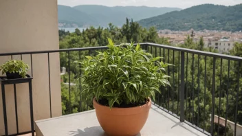 En vakker sommerplante i en potte på en balkong med en naturskjønn utsikt