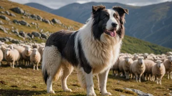 En norsk fårehund står på et fjell, med en flokk får i bakgrunnen.