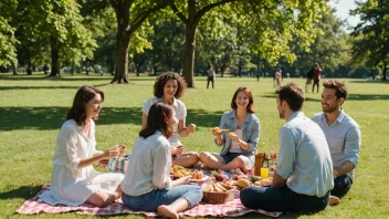 En gruppe mennesker som sitter på et teppe i en park, spiser og ler sammen