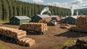 Et bilde av en norsk skog med trær som høstes og prosesseres til treprodukter.