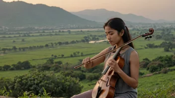 En person som spiller et musikkinstrument i et vakkert landskap.