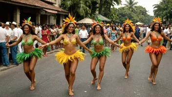 Et fargerikt og livlig bilde av mennesker som danser samba