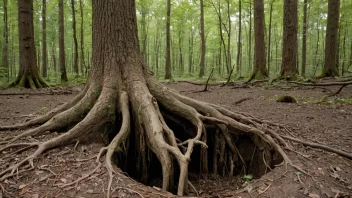 En treerot som vokser ut av bakken i en skog.