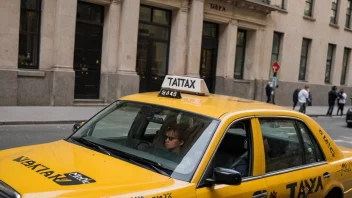 En taxi med en skilt på taket som sier 'vårtaxi' kjører gjennom en bygate.