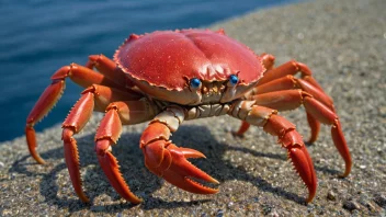 En rød krabbe på en stein i havet.