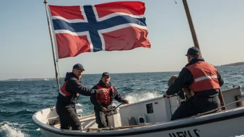 Et fiskebåtcrew i aksjon, med et norsk flagg som vifter i bakgrunnen.