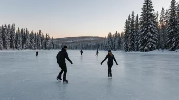 En fredelig vinterscene med en person som kjører på skøyter på en frossen innsjø.