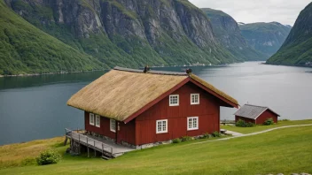 Et tradisjonelt norsk trehus med stråtak, omgitt av rullende åser og en fjord i bakgrunnen.