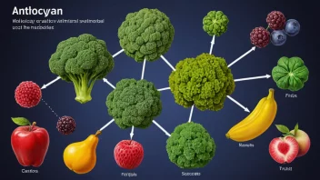 En illustrasjon av molekylstrukturen til anthocyan, med eksempler på frukter og grønnsaker som inneholder dette fargestoffet.