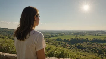 En person med et håpefullt uttrykk som ser ut på et lyst og solfylt landskap, symboliserer en positiv forventning om fremtiden.