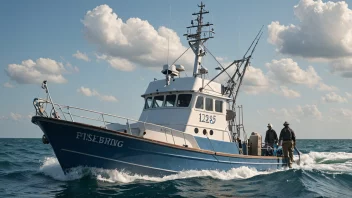 En illustrasjon av en fiskebåt med en bro, som symboliserer kontrollen og forvaltningen av fiskeressursene.