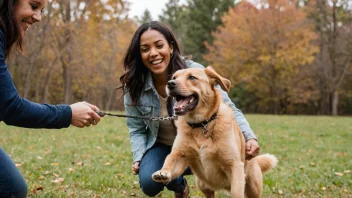 En person som slipper en hund fra båndet, med et glad uttrykk i ansiktet.