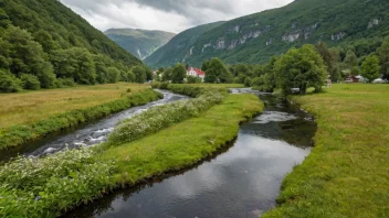 En malerisk dal omgitt av fjell og trær.