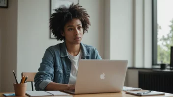 En person som sitter ved et skrivebord med en laptop og en notatbok, og ser motivert og fokusert ut.