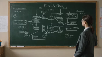 En person står foran en tavle med en flytdiagram over utdannelsesutvikling, med en bysilhuett i bakgrunnen.