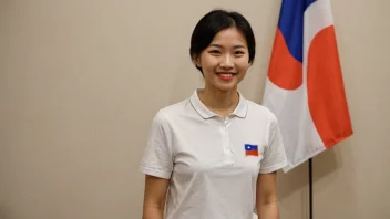 En person fra Taiwan, med et vennlig smil, stående foran et taiwansk flagg.