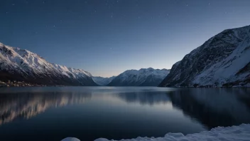 Et fredelig landskap av en norsk fjord under polarnatten, med et hint av blått lys på horisonten og snødekte fjell i bakgrunnen.