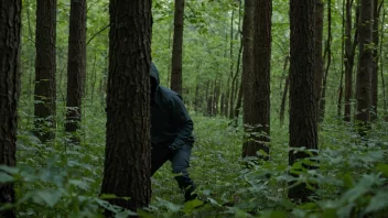 En person sniker gjennom en skog, og ser seg rundt forsiktig for å unngå å bli oppdaget.