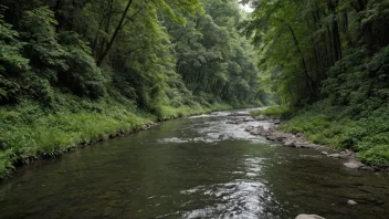 Et fredelig og rolig landskap med en smal elv som flyter gjennom en tett skog