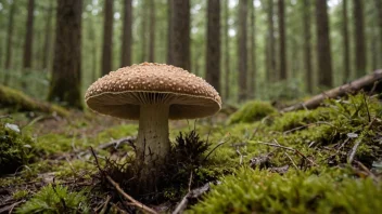 En soppmugg med brun hatt og hvit stilk som vokser blant løv og kvister.