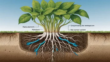 En illustrasjon av et plantes rotsystem, som viser transporten av næringsstoffer og vann.