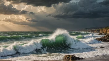 Et vakkert oljemaleri av en stormfull sjø med bølger som slår mot stranden, og fanger havets kraft og skjønnhet.