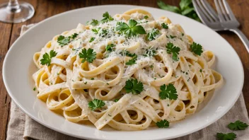 En deilig tallerken med fettuccine-pasta og Alfredosaus.