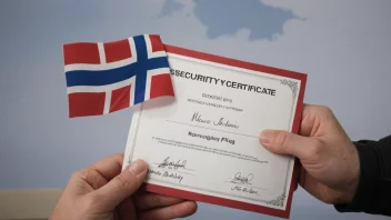 En person som holder et sikkerhetsbrev med et norsk flagg i bakgrunnen