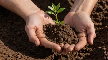 En håndfull fruktbar jord med en blanding av sand, silt og leire, med noen små planter som vokser i den.