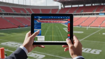 En person leser en sportsrapport på en tablet, med et fotballstadion i bakgrunnen.