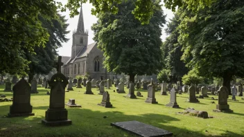 Et fredelig kirketun med en historisk kirke og gamle gravsteiner.