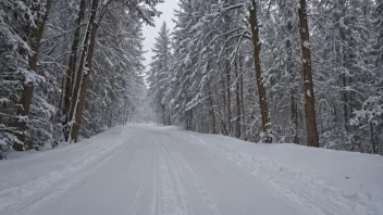 Et vinterlandskap med en snødekt vei og trær.