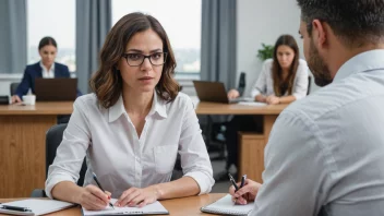 En psykolog i en arbeidssituasjon, observerer ansatte og tar notater.