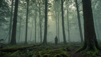 En mystisk skog med en glødende tåke og en figur i bakgrunnen