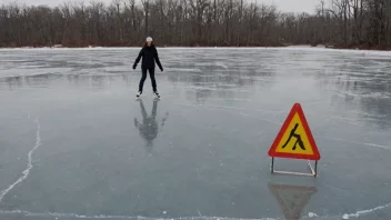 En person som går på skøyter uten hjelm på en frossen dam med en advarselsskilt i bakgrunnen.