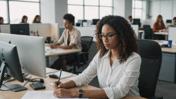 En person sitter ved et skrivebord på et kontor og fyller ut et spørreskjema om sitt arbeidsmiljø. Spørreskjemaet er på et ark papir, og personen skriver med en penn.