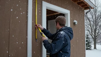 En person måler utsiden av et hus med et målebånd, med snøflak som faller rundt dem.