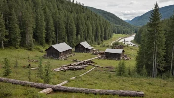 Et idyllisk norsk skoglandskap med et lite sagbruk i bakgrunnen, som viser landets rike skogindustri.