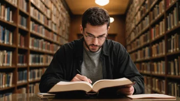 En person som studerer en bok om atferdsfilosofi i et universitetsbibliotek.