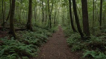 En smal, svingete sti gjennom en tett skog, med synlige fotspor eller spor etter noen eller noe som har løpt.