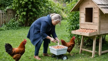 En person som samler egg fra en hønsehus i en hage, med en kurv med egg i forgrunnen.