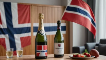 En flaske champagne med et norsk flagg i bakgrunnen, og en fotballspiller som feirer en seier