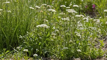 En hage med ugress som vokser blant blomstene og gresset.