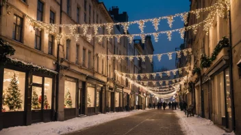 En festlig gatepynt i en snødekket bygate