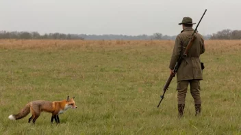 En jeger i et felt med en rifle, som sikter på en rev i det fjerne